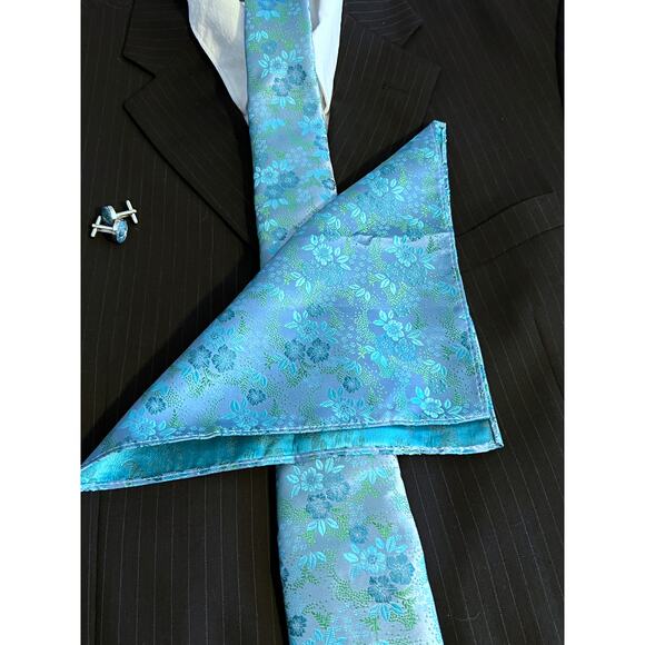 Men’s 3 Piece Tie Set Teal Cyan Tie Pocket Square Cufflinks - Picture 2 of 5